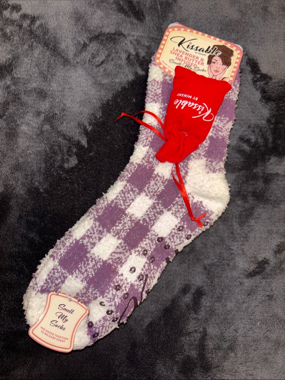 Kissable Lavender & White Check Fuzzy Socks